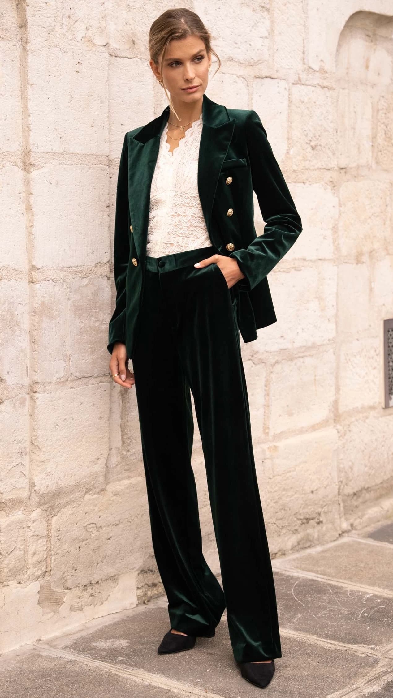 Pantalon femme en velours vert coupe tailleur – Collection TPGK