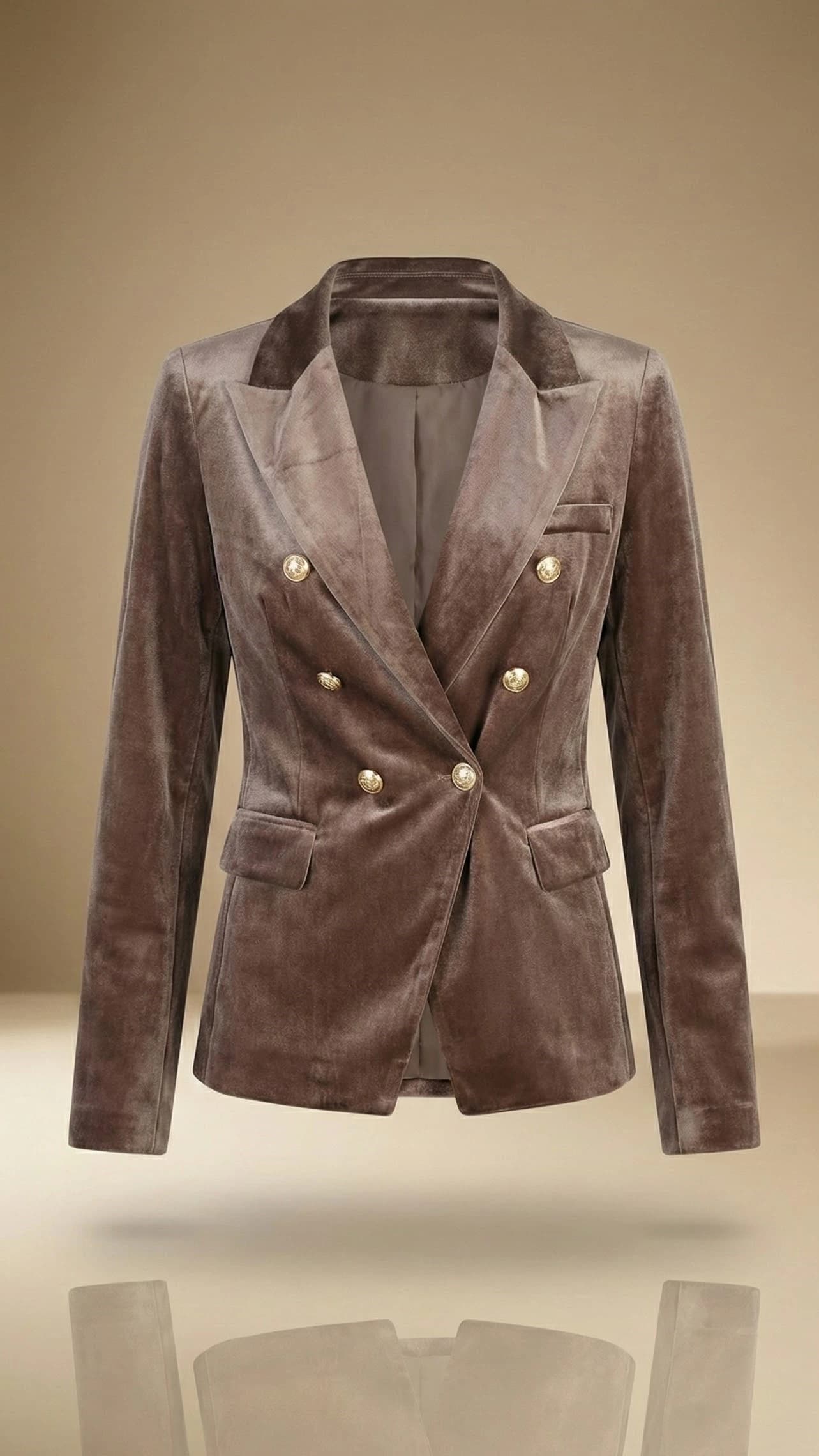 Veste tailleur femme en velours taupe chic à boutons dorés – Collection TPGK